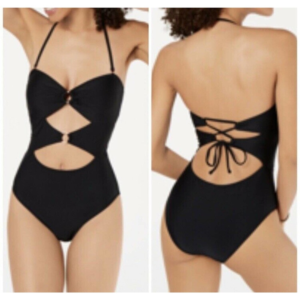 NWT Hula Honey Womens Black One Piece Bathing Suit Size Small Cut Outs Ribbed‎